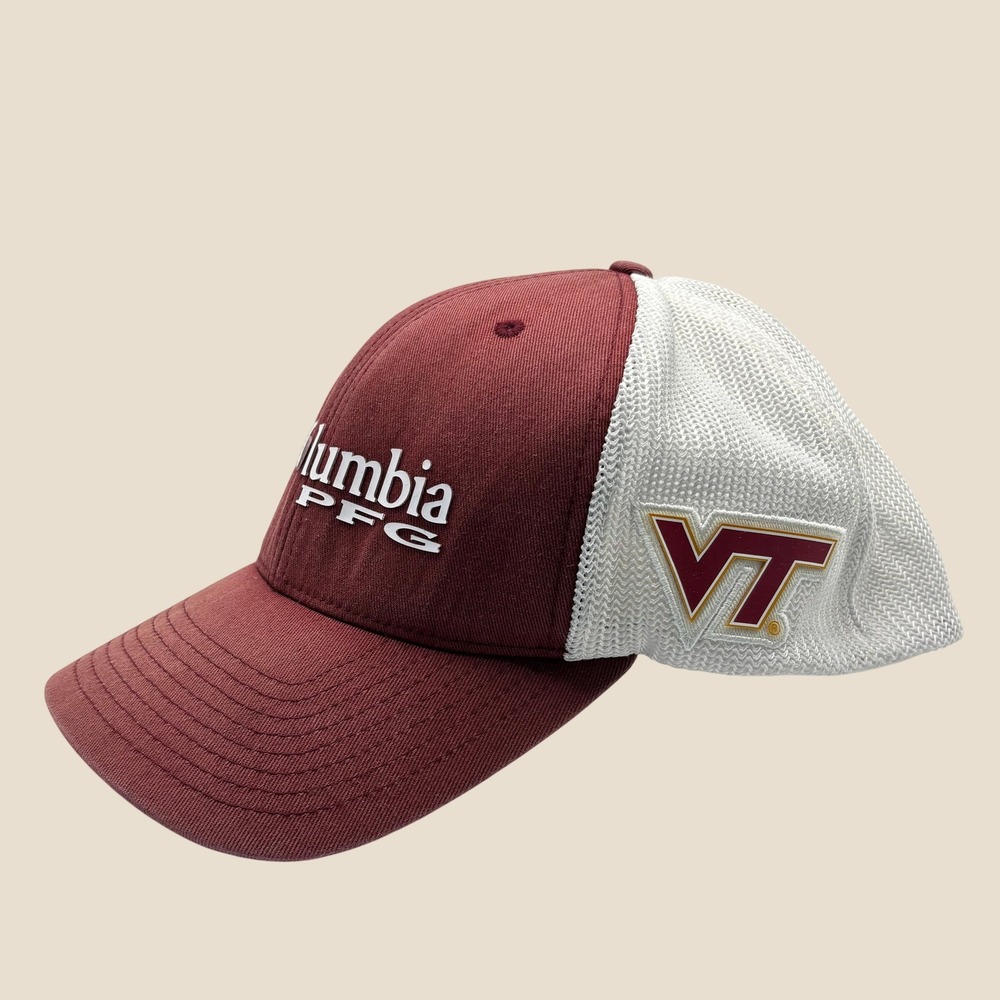 Trucker Hat Columbia PFG L/XL Maroon White Cotton Mesh Virginia Tech VT Logo